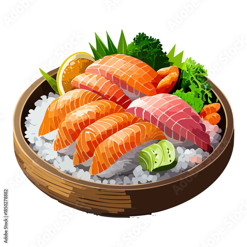 Premium sashimi and sushi platter with fresh salmon tuna and rice in a wooden bowl for restaurant - Vector Illustration