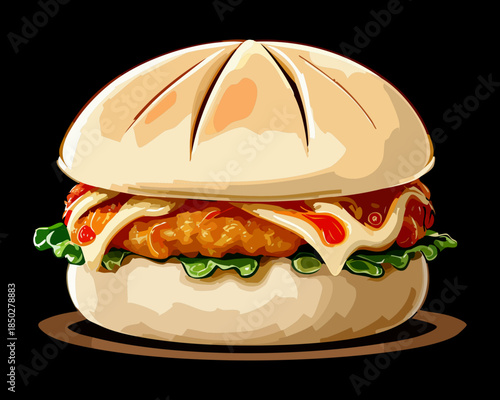 Gourmet bao burger with crispy meat patty melted cheese and green lettuce for modern cafe menu - Vector Illustration