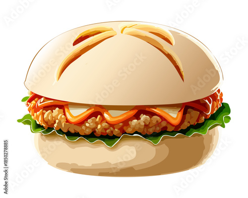 Asian style burger with soft steamed bun and savory meat filling for street food stall advertisement - Vector Illustration