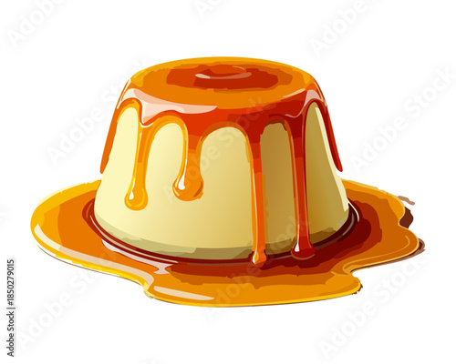 Traditional spanish flan dessert with rich amber caramel sauce and smooth texture for authentic mediterranean cuisine menu - Vector Illustration