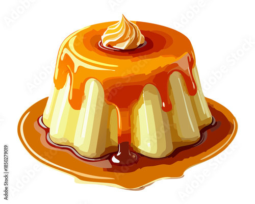 Creamy vanilla custard flan dessert topped with whipped cream swirl and golden caramel glaze for sweet treat - Vector Illustration