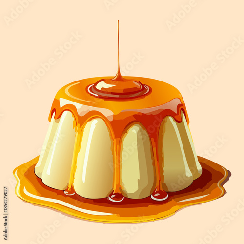 Sweet caramel flan pudding dessert with golden syrup topping on a minimalist clean plate for bakery shop - Vector Illustration