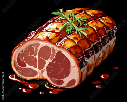 roasted pork loin meat with aromatic herbs and rich brown sauce for festive holiday dinner - Vector Illustration