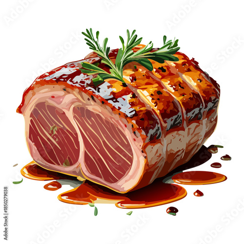 Grilled beef steak roast meat with rosemary herb and savory gravy sauce for restaurant dinner menu advertisement - Vector Illustration