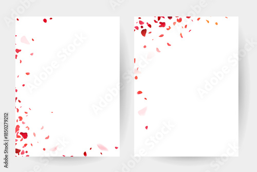 Red rose petals falling in the air on white romantic vector cards. Heart wedding celebration design. Love backdrops. Stylish fashion banners. Saint Valentines Day templates. All elements are isolated