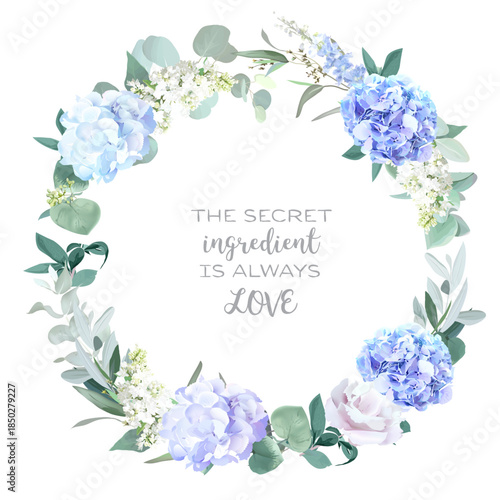 Bridgerton inspired pastel floral vector design frame. Blue delphinium, hydrangea, white peony, eucalyptus, rose, hyacinth, greenery and plants card. All flowers and branches are isolated and movable