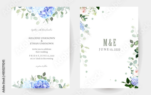Bridgerton inspired pastel floral vector design frames. Blue delphinium, white lilac, hydrangea, eucalyptus, rose, hyacinth, greenery and plants cards.All flowers and branches are isolated and movable