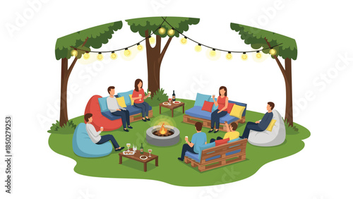 Group of friends enjoying a relaxed outdoor gathering around a crackling campfire, sitting on bean bags and pallet furniture under string lights, symbolizing friendship, leisure, and summer nights.