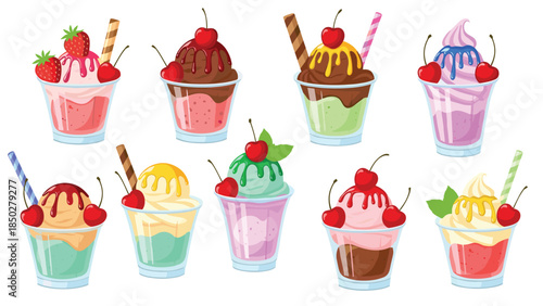 Delightful collection of ten colorful ice cream cups adorned with various vibrant toppings like cherries, strawberries, and chocolate syrup, representing sweet desserts and refreshing summer treats.