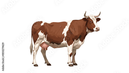 Detailed illustration of a brown and white cow with prominent horns and udder, rendered in a realistic style, representing farm animals, livestock, and the dairy industry on a white background.