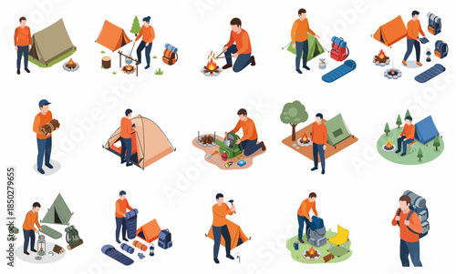 Isometric Detailed People Camping Activities in the Forest Recreation Illustration