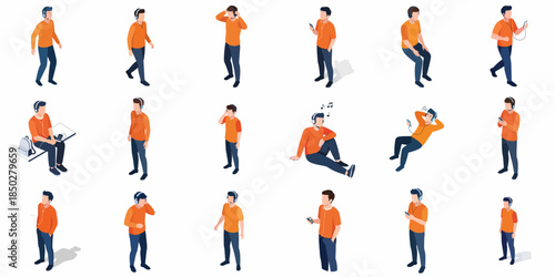 Isometric Man Wearing Headphone in Various Poses Lifestyle Illustration Set