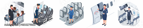 Isometric Air Stewardess Inside Aircraft Cabin Serving Passenger Illustration Set