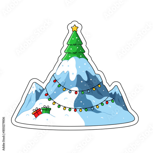 Christmas Mountain with Festive Decorations and Gifts.