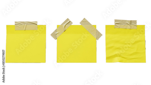 Three yellow sticky notes with tape on black background