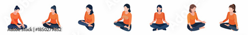 Simple Flat Style Woman Meditating in Lotus Position Yoga Poses Set
