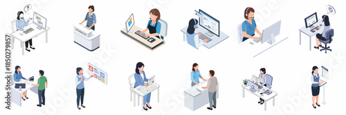 Isometric Detailed Business Woman Activity People at Office Workplace Illustration