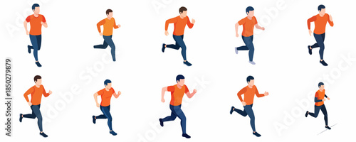 Isometric Poses of a Man in Motion Running in Different Views Character