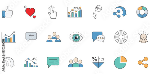 Digital marketing analytics icons social media engagement data analysis web metrics business growth online strategy