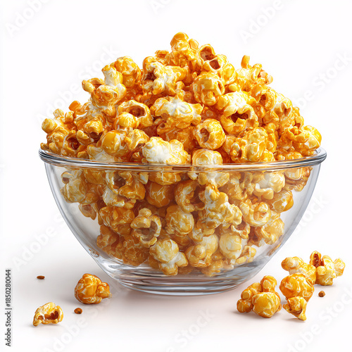 Caramel Popcorn in Glass Bowl isolated on white background