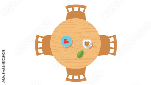 Overhead view of a round wooden table set with four chairs, featuring a teacup, a small plate with berries, and a single green leaf, representing a cozy meal setting or coffee break.