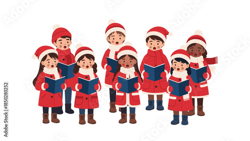 Diverse group of smiling children wearing red winter coats and Santa hats, holding songbooks and joyfully singing Christmas carols together, embodying the spirit of holiday traditions.