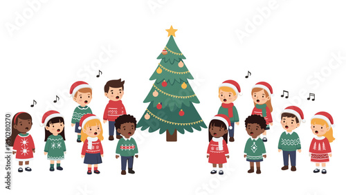 Diverse group of cheerful children wearing festive Christmas sweaters and Santa hats, joyfully singing carols around a decorated Christmas tree, symbolizing holiday spirit and community.