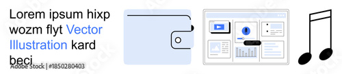 Digital payments, web design, online media, financial transactions, creativity, and communication. Includes a wallet, user interface and music notes. Digital payments and web design concept