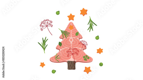 Minimalist Christmas tree-shaped arrangement of pink salmon slices, garnished with rosemary, dill, and star-shaped carrots, presenting a healthy and elegant appetizer for holiday feasts.