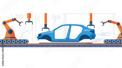 Modern car assembly line showcasing robotic arms performing tasks on a car chassis moving along a conveyor belt, illustrating advanced automation and efficiency in automotive manufacturing.