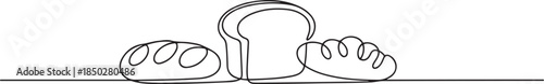 Breads continuous one line isolated on white background. Bakery symbol art drawing. Breads design outline. Editable stroke. one line Icon drawing