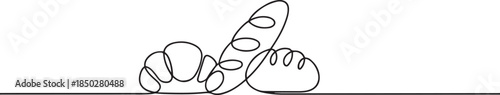 Breads continuous one line isolated on white background. Bakery symbol art drawing. Breads design outline. Editable stroke. one line Icon drawing
