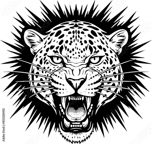 Black and White Aggressive Leopard Face Illustration