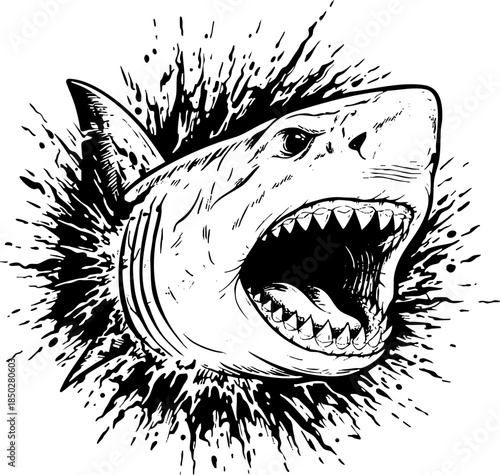 Aggressive Great White Shark Illustration Bursting Splatter Design