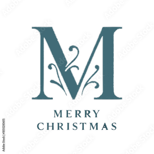 Elegant teal 'm' initial with festive 'merry christmas' typography, perfect for holiday greetings