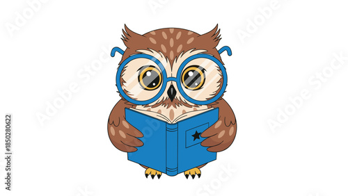 Adorable cartoon owl wearing blue-rimmed glasses and holding an open book, symbolizing wisdom, education, learning, and the joy of reading in a charming and whimsical style.
