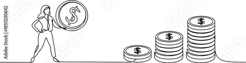 Continuous single line sketch drawing art of business woman with big money coin. One line of saving dollar coins money vector illustration. one line Icon drawing