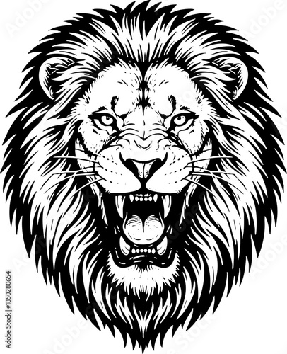 Aggressive Lion Head Roaring Black and White Vector Illustration