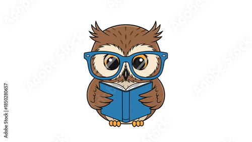 Cute cartoon owl wearing blue-framed glasses, engrossed in reading an open book, symbolizing intelligence, education, and the serene pleasure of learning and literature.
