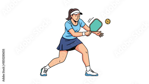 Enthusiastic woman in sportswear ready to hit a pickleball with her paddle, demonstrating focus and athletic posture in this popular and engaging racket sport.
