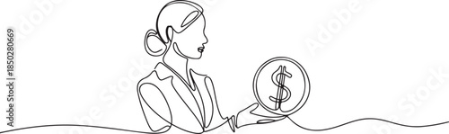 Continuous single line sketch drawing art of business woman with big money coin. One line of saving dollar coins money vector illustration. one line Icon drawing