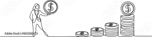 Continuous single line sketch drawing art of business woman with big money coin. One line of saving dollar coins money vector illustration. one line Icon drawing