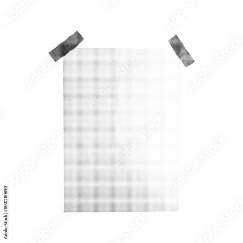 Minimal halftone illustration of blank paper sheet fixed with tape, isolated on white background. Modern monochrome dotted texture for mockup, design layout, poster, branding, or editorial use.