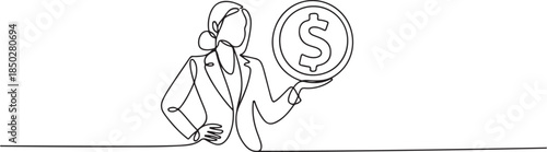 Continuous single line sketch drawing art of business woman with big money coin. One line of saving dollar coins money vector illustration. one line Icon drawing