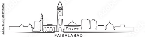 Stylish single line drawing of Faisalabad city skyline in Pakistan, featuring iconic Clock Tower and modern buildings; a skyline concept themed around Punjab's. one line Icon drawing