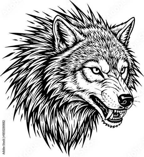 Detailed Snarling Wolf Head Black and White Vector Illustration