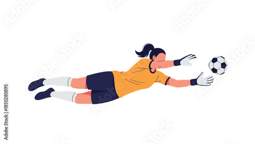 Female soccer goalkeeper making a dynamic diving save to block a shot, demonstrating agility and athletic skill.