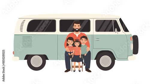 A joyful father and his three smiling children are happily posing together in front of a classic vintage camper van.