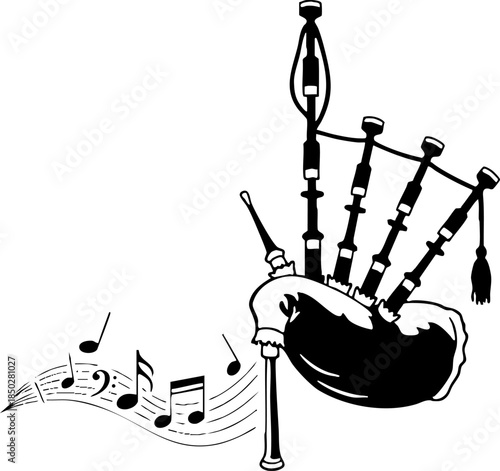 Traditional Scottish Bagpipes Music Black and White Illustration