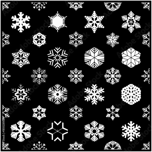 Seamless mixed-style snowflake pattern on black background featuring geometric and minimal elements. Great for versatile winter and holiday projects.